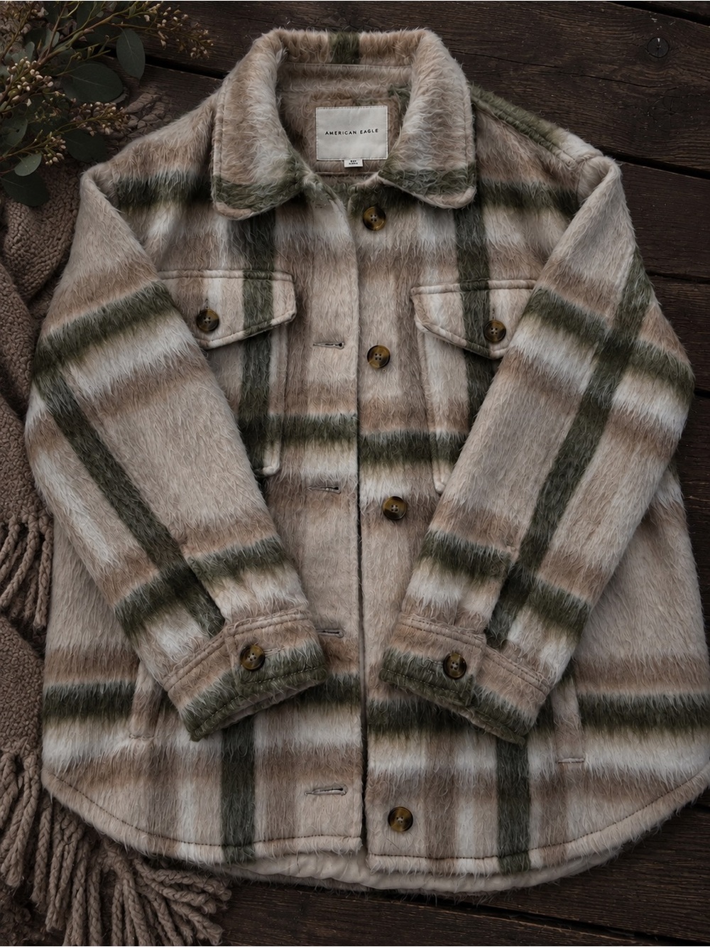 American Eagle Outfitters Plaid Shacket in Taupe and Olive